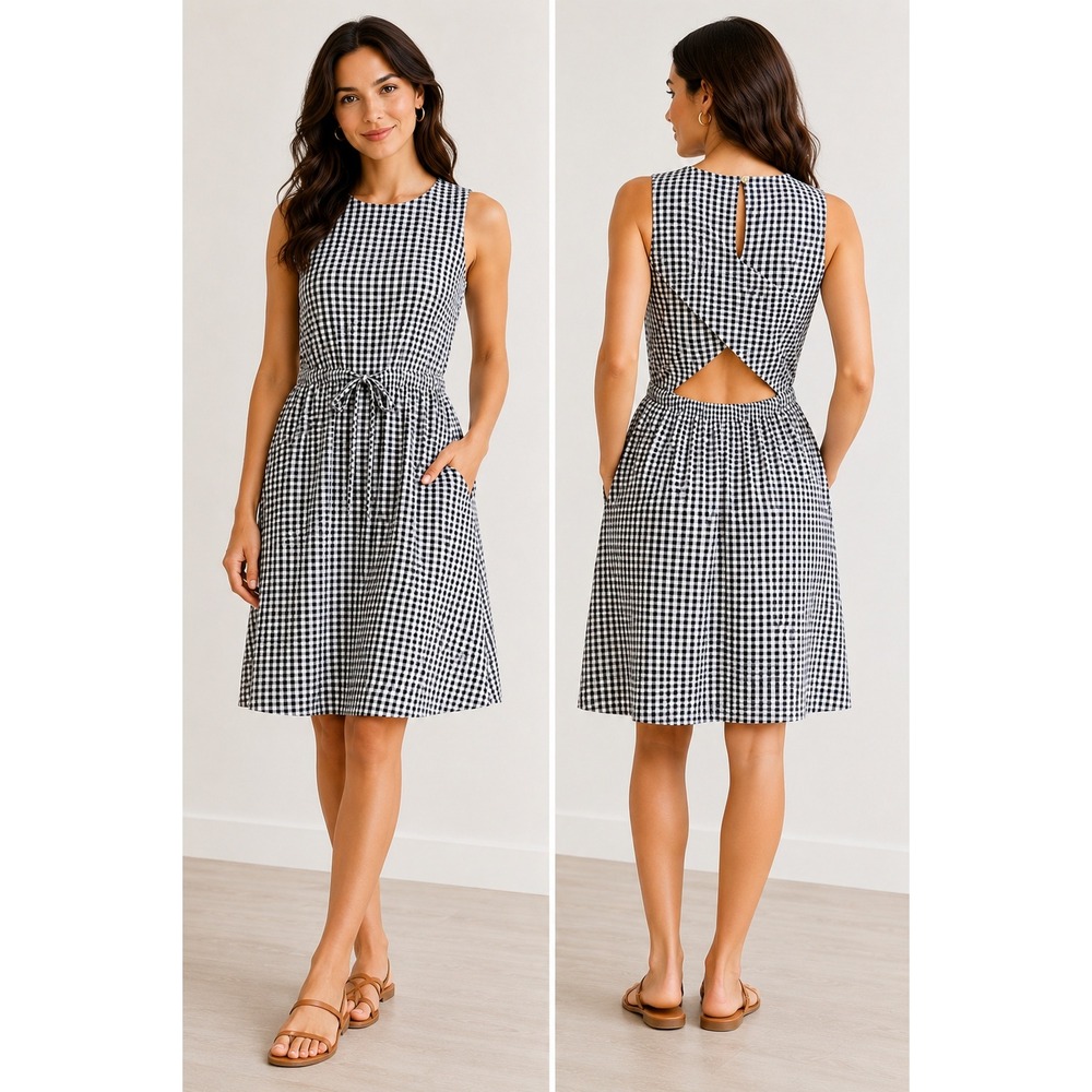 LOFT Gingham Midi Dress XS Open Back‎ Cottagecore French Girl